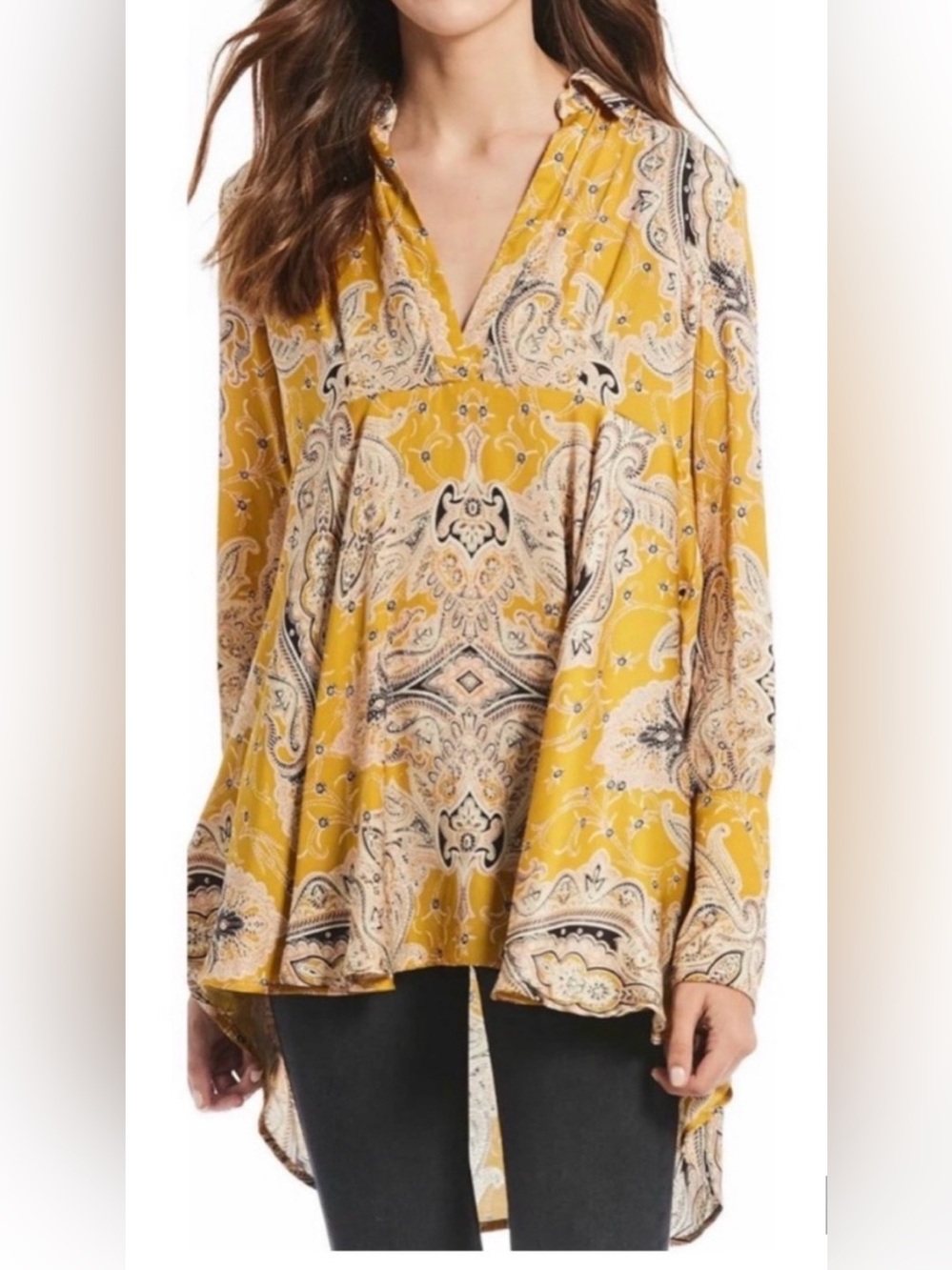 Free People Mustard Paisley V-Neck Tunic Blouse